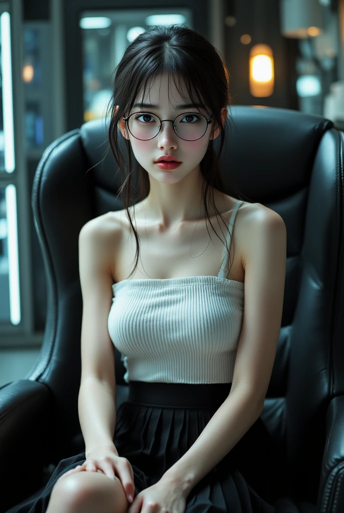 20 yo woman, brunette color hair, Short ponytail hair, thin frame glasses, Thinking face, (Wearing a pajama skirt, Medium breasts with), lying on sofa, glass window, wall clock, BREAK BREAK BREAK, cinematric light, realisticlying, tmasterpiece, Best quality at best, Complex CG,Highly detailed face,High detail eyes,