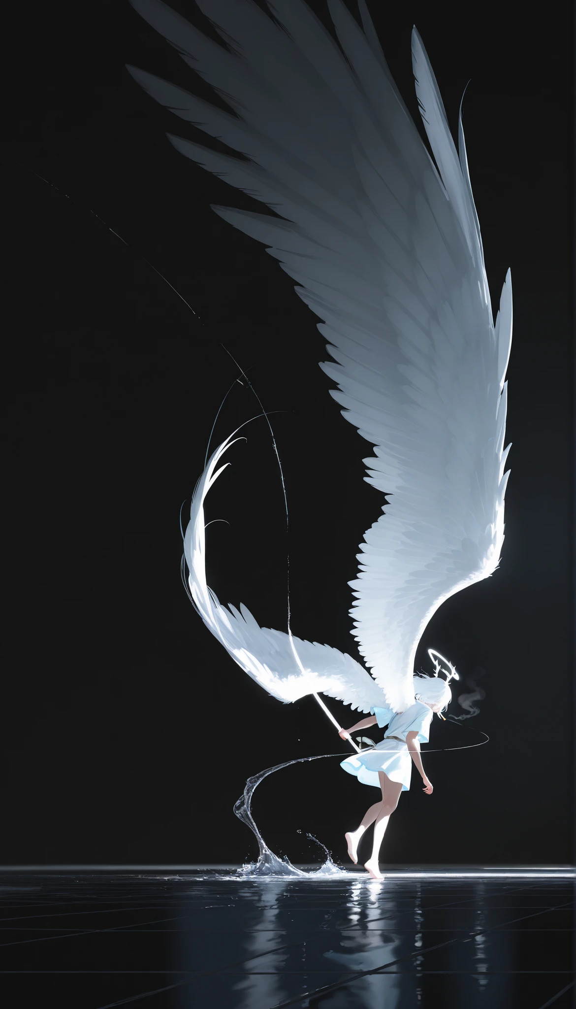 masterpiece,the best quality,new ,absurdities,high resolution,(drawing in white on black),black background,white spots,Abstract,drawing with tempera, Artistic,watercolors,stained,shaded on the background,demon woman,antlers,angel wing tunic,cigarette ,summary smoke,imaginary rain,water droplet tiles,dramatic lighting,cinematic lighting, atmospheric lights, ultra detailed, bloom, dramatic atmosphere, centered, rule of thirds, f/1.4, 6 mm, high angle photo,angel, legs hanging