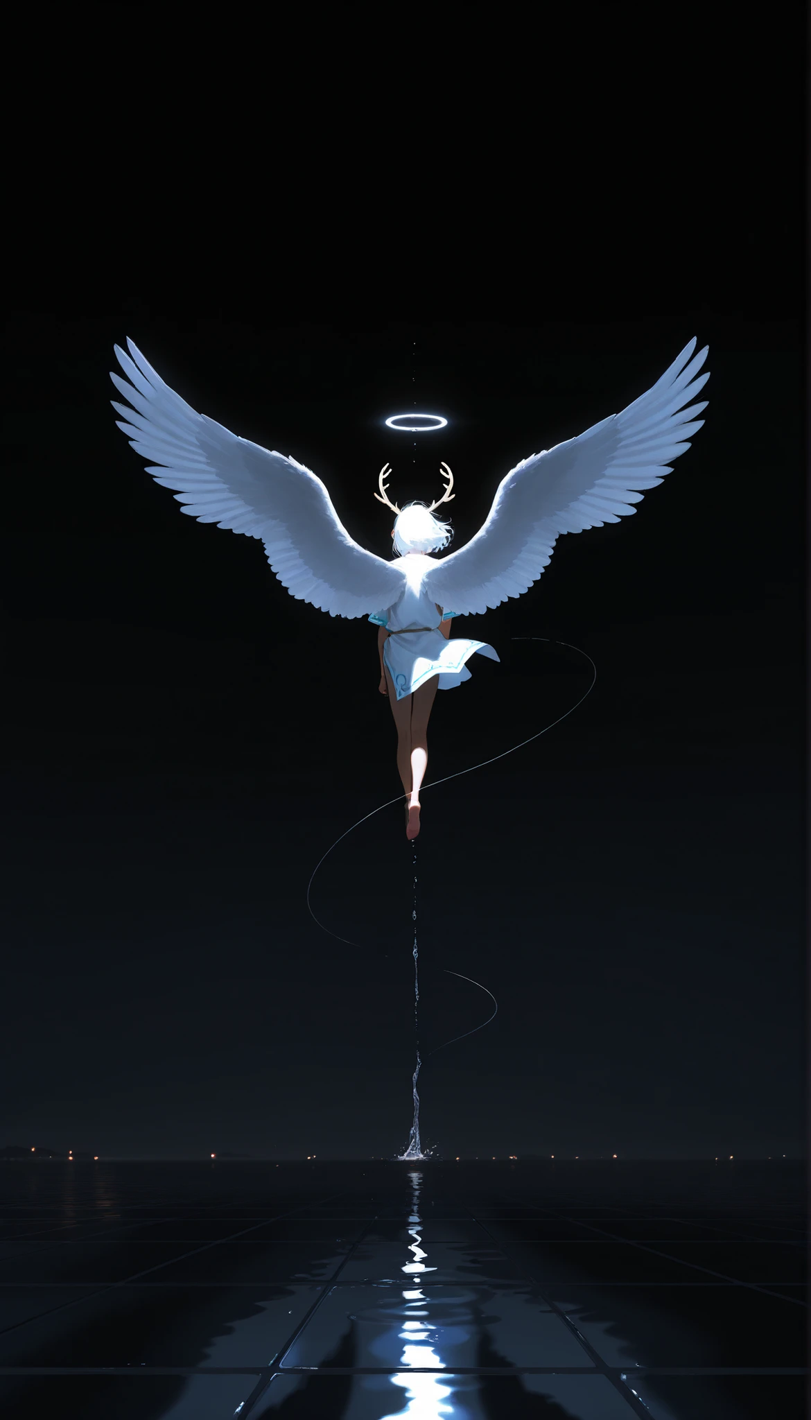 masterpiece,the best quality,new ,absurdities,high resolution,(drawing in white on black),black background,white spots,Abstract,drawing with tempera, Artistic,watercolors,stained,shaded on the background,demon woman,antlers,angel wing tunic,cigarette ,summary smoke,imaginary rain,water droplet tiles,dramatic lighting,cinematic lighting, atmospheric lights,  ultra detailed, bloom, dramatic atmosphere, centered, rule of thirds, f/1.4, 6 mm, high angle photo,angel, legs hanging 