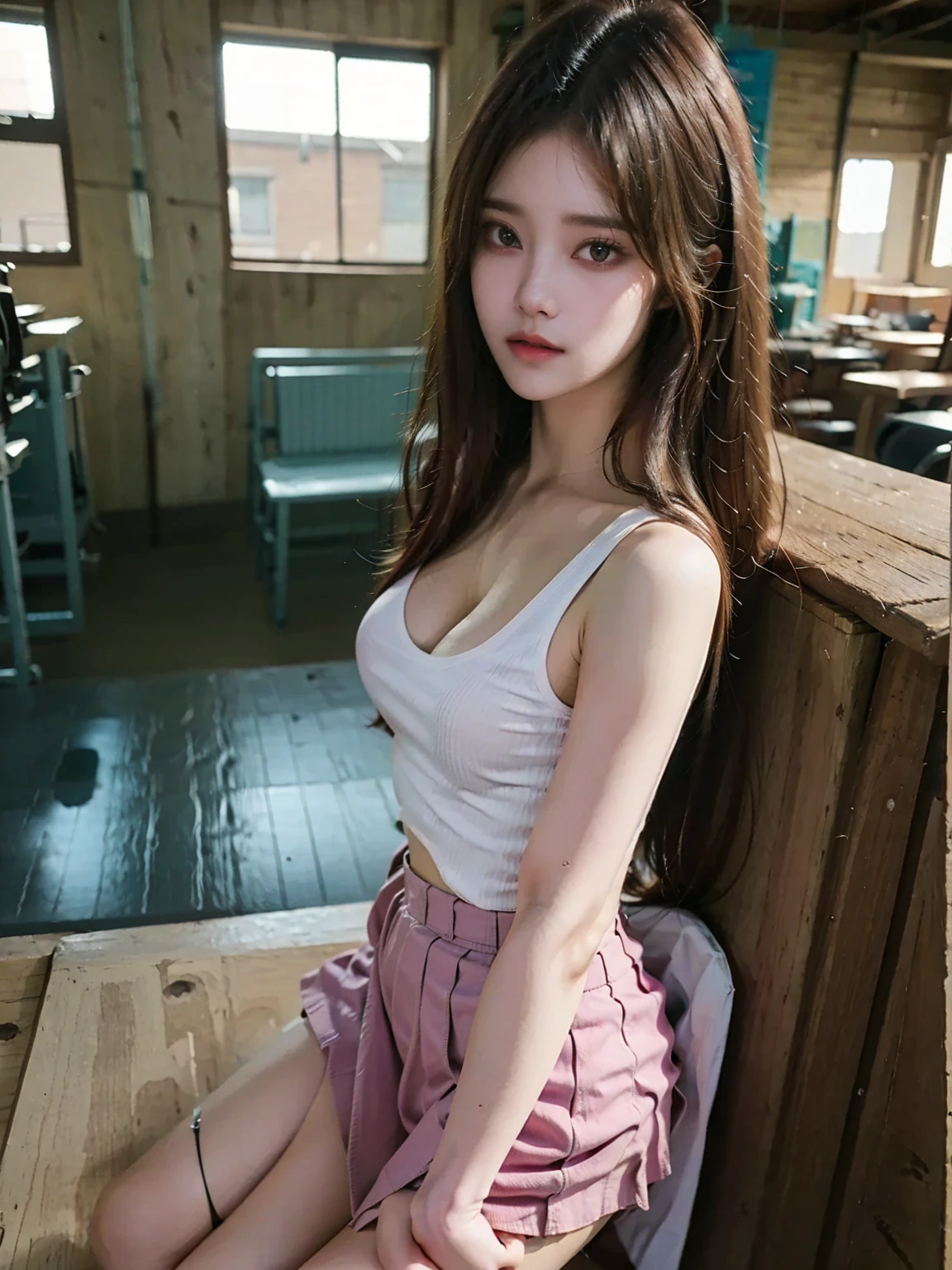 （（midynight， Acura， 8K， tmasterpiece： 1.3））， full bodyesbian， long leges， Focalors： 1.2， perfect figure beautiful woman： 1.4， Slim abs： 1.1， （dark brown  hair，： 1.2 ））， （Pink skinny T-shirt， short  skirt，sitting on a stool： 1.2）， （city night scene， the roof： 1.3））， Highly Detailed Face and Skin Textur， 二重まぶた，