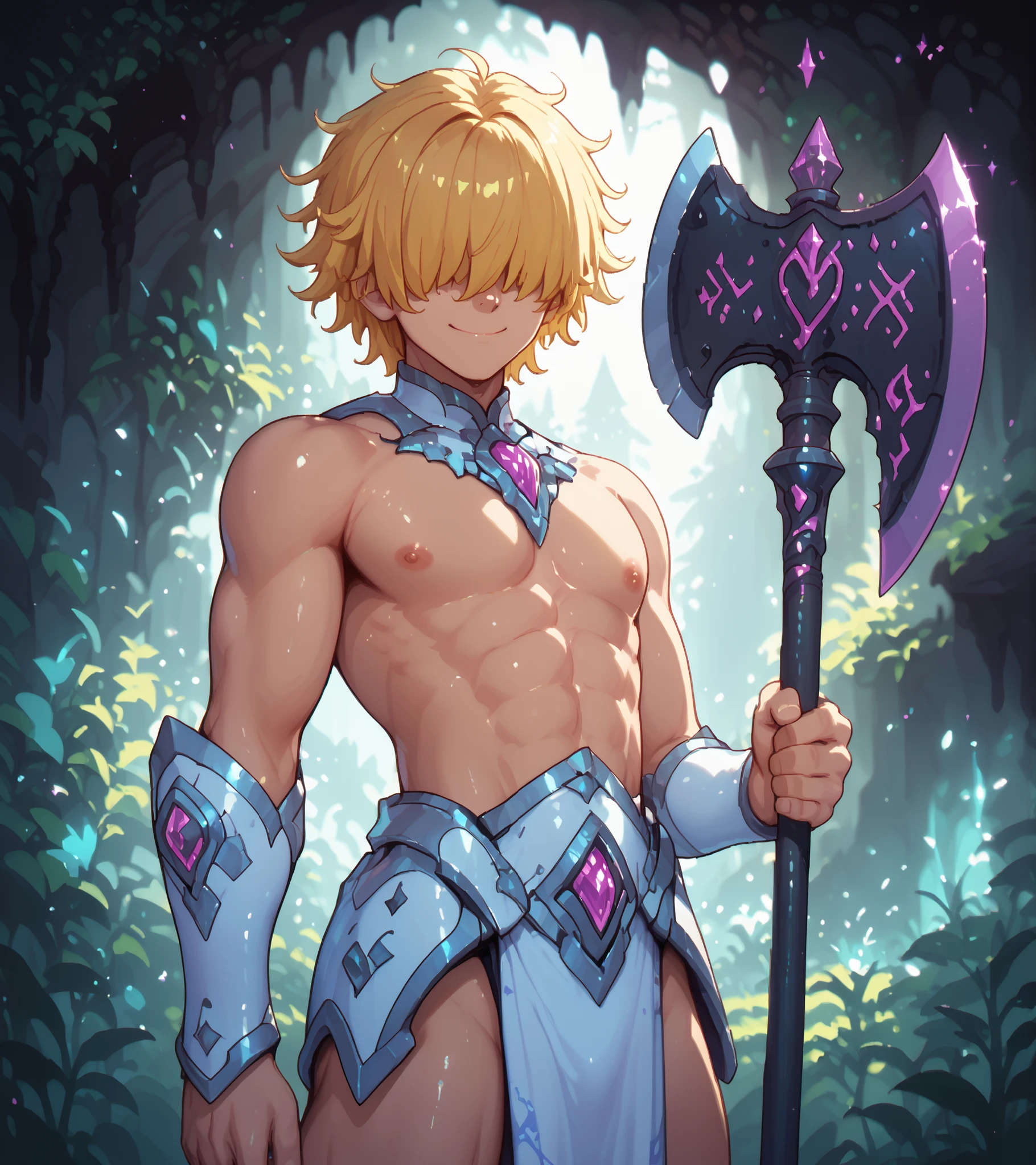 score_9, score_8_up, score_7_up, source_anime, solo, pixel art, 1boy, solo, adult man, runeaxe BREAK
Messy hair, handsome, blond hair, (yellow hair), messy hair, hair covered eyes BREAK
Topless male, pelvic curtain BREAK
Standing, front view, smirk, golden axe, holding_polearm, closed mouth, cave interior, (purple cave), overgrown plants