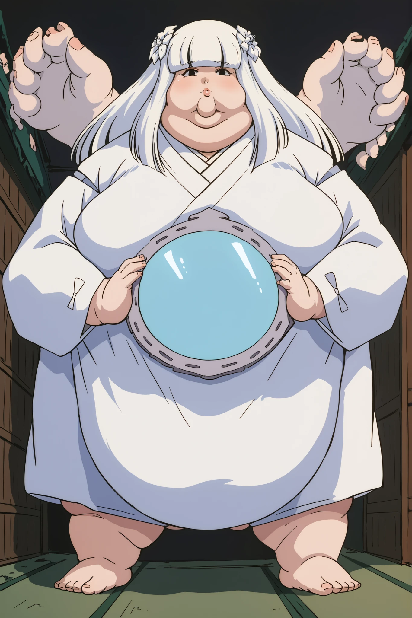 Fat_neck , Fat head , eyes with crushed cheeks , nose with crushed cheeks , mouth with crushed cheeks , chin roll , chubby, obesity, chubby, shortness of breath, Wide angle , Ultra-detailed illustration , masterpiece , top quality, fat, chubby, obese , score_9, score_8_up, score_7_up, source_anime,
inuyashakanna, kanna, long hair, bangs, hair ornament, flower, white hair, hair flower, blunt bangs, black eyes,
japanese clothes, kimono, white kimono, giant hands, giant feet, fat, chubby, obese, gigantic arms and legs, gigantic breasts, sagging breasts, full body shot, fat face, chubby face, double chins, big lips,