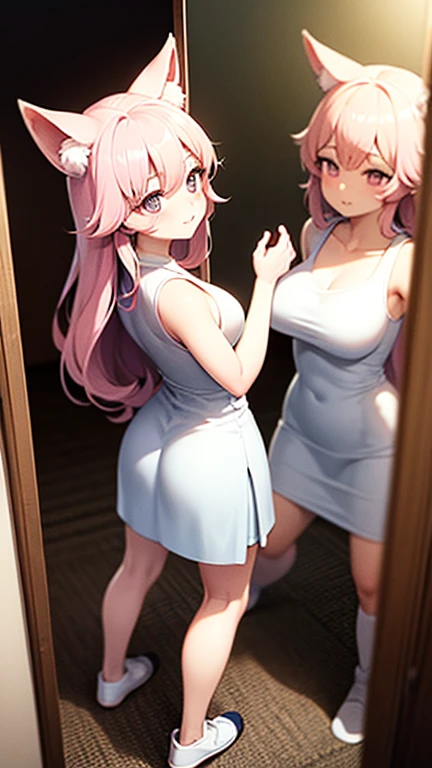(Masterpiece, best quality), best resolution, (3 heads:1.5), 1 woman,Yes, Miko.,สาวTwo headsด้วย((1, Two heads, Two heads are positioned next to each other, Fake neck, Facing the audience, Tattered clothes, white top, Black short sleeve hoodie, white pants, best breasts, Chest 85, pink hair, girl fox ears, green eyes, open mouth, drunk, surprising, confused, Open your chest wide.., Look at yourself in the bathroom mirror..., Close-up shot from a DSLR camera, (8ก, 4K, Masterpiece),(Masterpiece, best quality), best resolution, (3 heads:1.5),Arms separated,arm circle, (Put your hands on your head....), (lower hand on ankle), (lower hand on leg), Full content in the frame, full body view, (four arms),(Multi-arm),(many hands), รูปร่างเพรียวบาง Masterpiece,best quality,best resolution,1 woman,many heads, upper body, smile, Facing the audience,big breasts,simple background,Beautiful face,Beautiful hair,beautiful eyes,beautiful body,Beautiful hands,conjoined twins