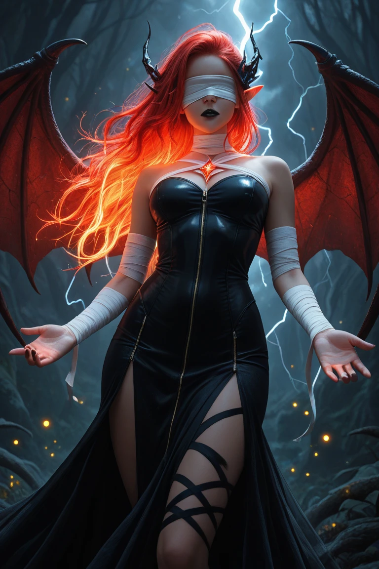 pretty red evil fallen angel-demon woman with huge wings falling in the streets in the apocaliptic city in hell in flames
