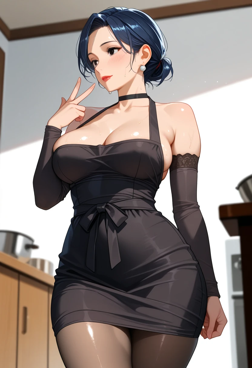 girl, black dress, annoyed, light eyes, sexy, curves
