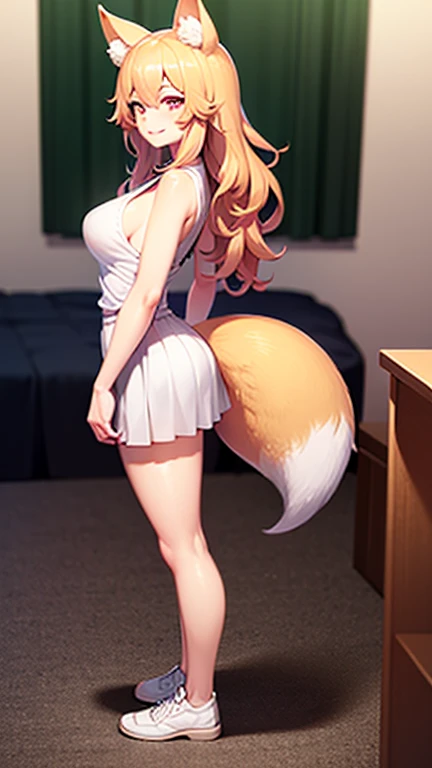 ((Highest quality, 32k)), ((masterpiece)), (Familiar), Perfect Face, Fox Girl, Pretty girl, Outdoor, model, Has one tail, She has a northern fox tail, She stretches out her fluffy tail, Beautiful hip line, Thick thighs, fur collar, A large tail sticks out, Turn around on all fours, Waving his tail happily, She only has one tail,Smiling Kindly