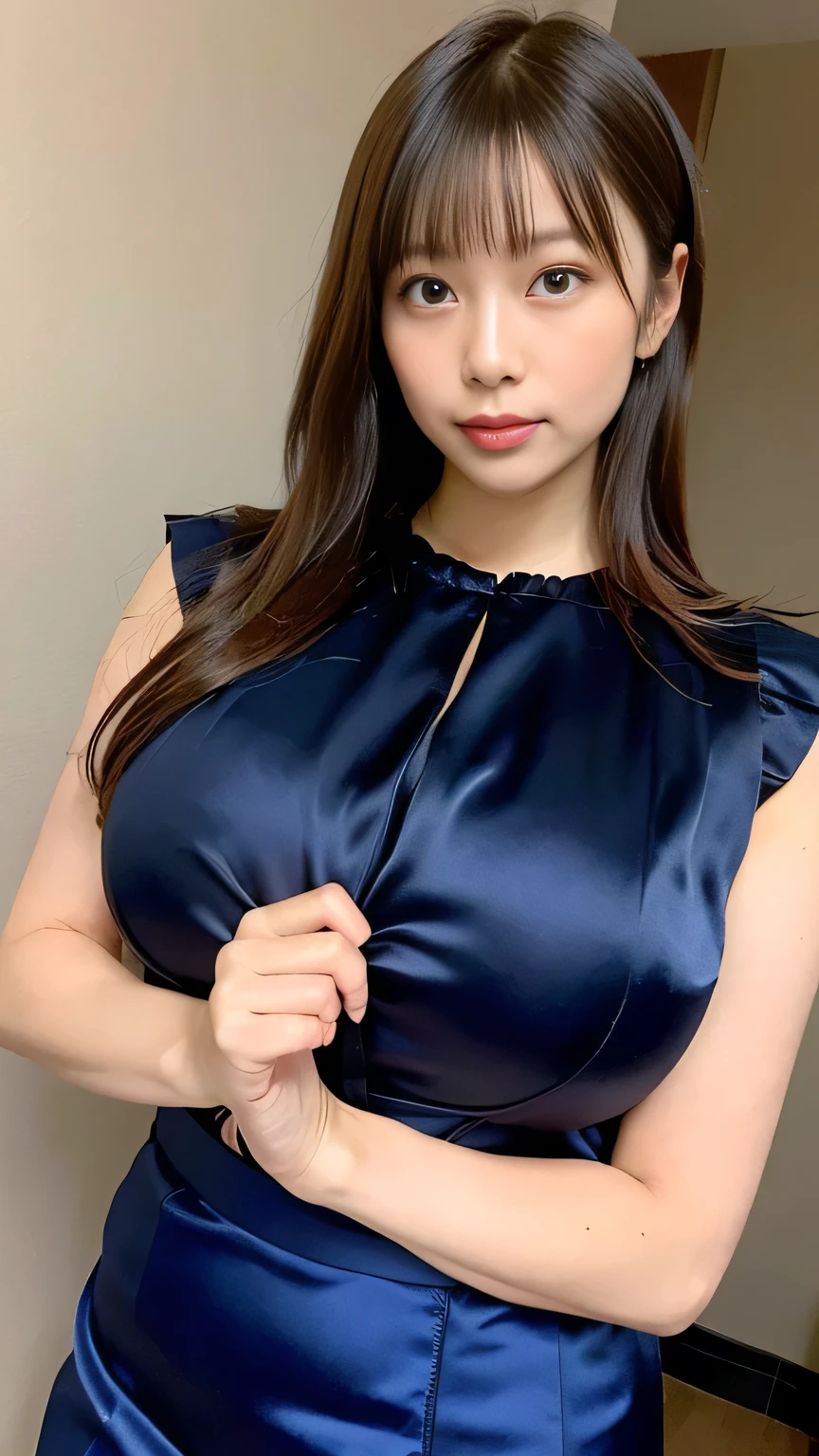 masutepiece,(Best Quality,of the highest quality,8K)Amateur Light,amateur photo,(Photorealistic:1.2)、Blonde hair、1 Blonde Japan Woman、piercings、Wearing a dark blue silk dress、In a pitch-dark room、looking at viewert、a closeup、Bust protruding from black lingerie、Bra Lift、show nipple、big areolae、pointed Nipple、Breast Do-Up、Dress up、Hands on the head、Armpit、Big Bust、(mediummilk、Constriction waist)、glowy skin、A smile、indecency、porn、