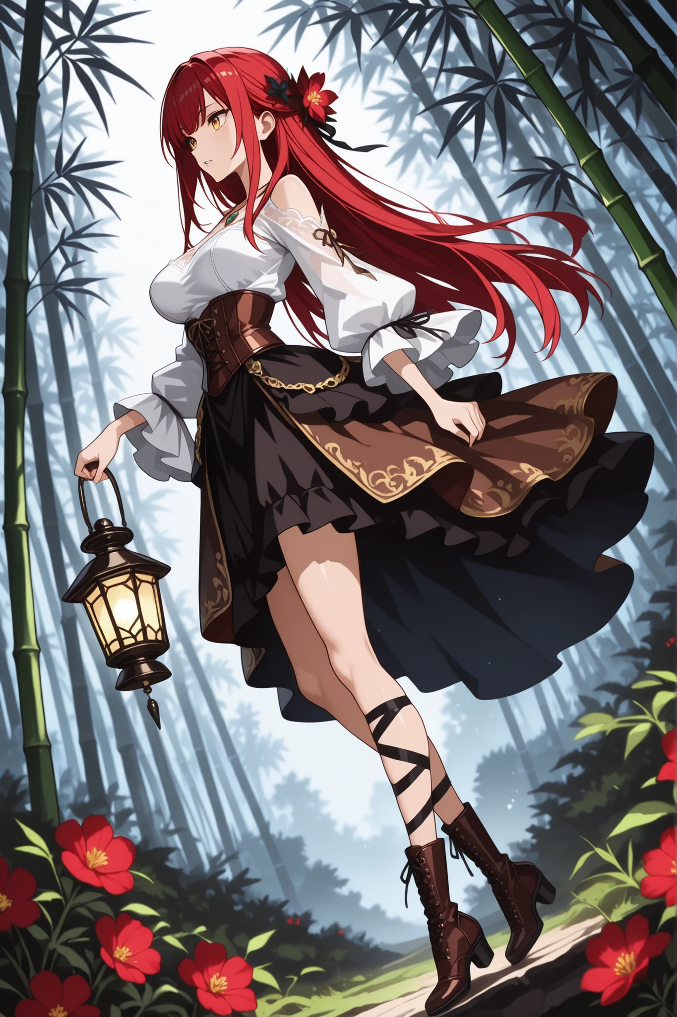  1 girl ,golden eyes , very long hair , long sidelocks, red hair ,half updo, petite , very cute , beautiful ,Straight hair, cool, handsome, hair ween eyes, , mediumlarge breast, cool, beautiful, hair flower, Canna-Lilie, white vintage blouse with bare shoulders and lantern sleeves, brown vintage-gothic lace-up corset, long black gothic skirt with ruffles, heeled boots,   necklace,  bamboo, flower, hair flower, red flower, hair ornament, weimao, leg ribbon,  solo, full body,  parted lips, from side, ((dynamic angle)), dynamic pose, outdoors, nature, masterpiece, best quality, amazing quality, very aesthetic, 8k, HDR, cinematic, 