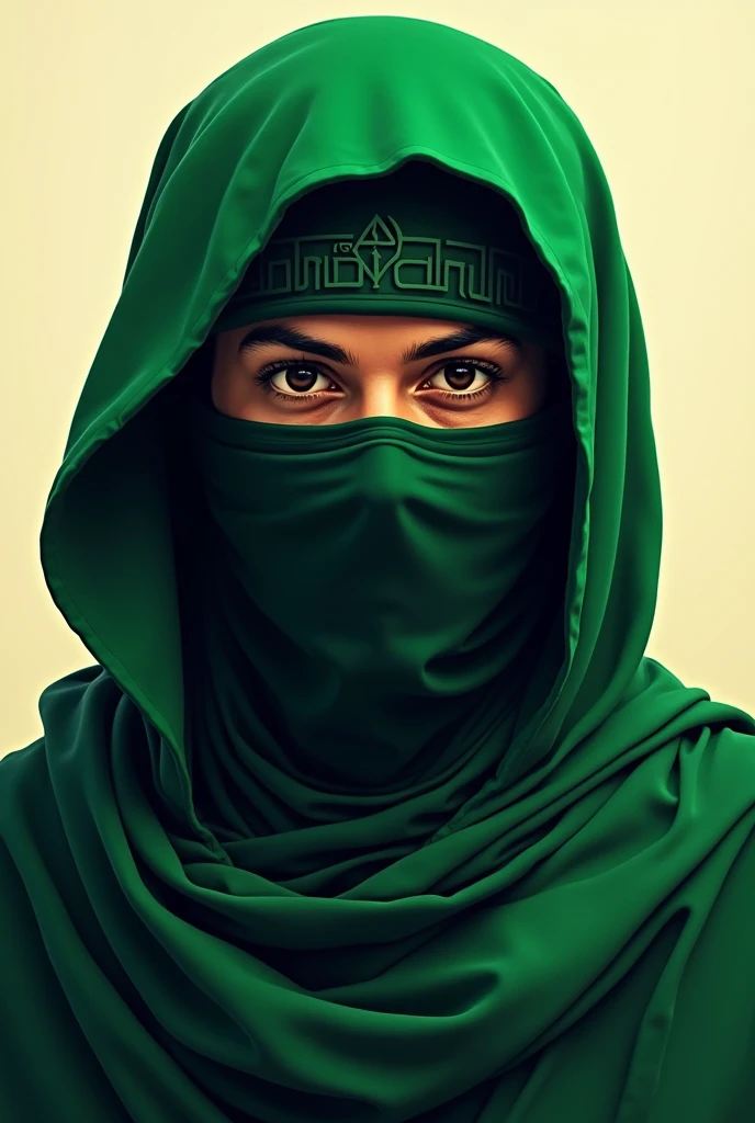 A beautiful woman wearing a burqa with only her head visible, wearing a dupatta on her head and wearing a green pathani dress with clear words (Hafsa) written on the back wall, which is clearly visible and has a beautiful design.