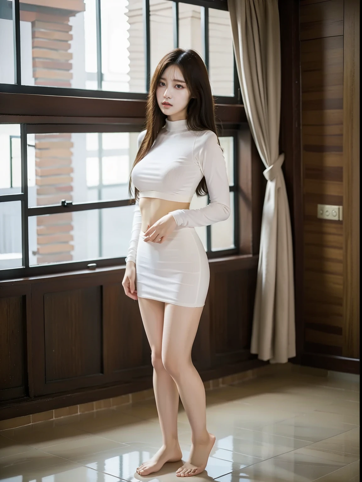 wavy and long hair，heavy  makeups，Redlip，white skinned，mature， legs long，The whole body can be seen，Ultra-thin transparent skin-colored pantyhose，On the bustling streets，Have a well-proportioned figure，Tight black short sleeves，legs long，White sexy dress，high-heels，A MILF，By bangs，Seductive expressions