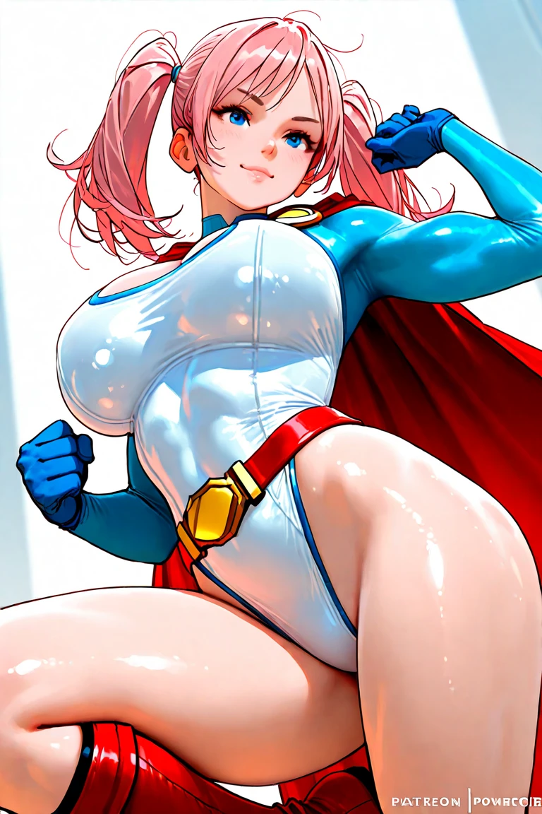 (full body), (masterpiece:1.2), (Highest_quality:1.2), (Ultra_detailed:1.3), 8K,Low - Angle,From below,On all fours,1 Girl,alone,大きなButtの女の子, red knee high long boots,wearing spcc costume with cape,( Supergirl), Blue leotard,Red mini skirt,Red Cape,gloves,hoshino-ponytail,hoshino \(blue archive\), heterochromia,medium hair,ponytail,pink hair,ahoge,Halation,Browsing Caution,Heart-shaped pupils,orgasm, Butt,Sweat,(urination),Climax,To convulsions,Auction Venue,audience,audience,Wear a green collar,wrists tied with chains,