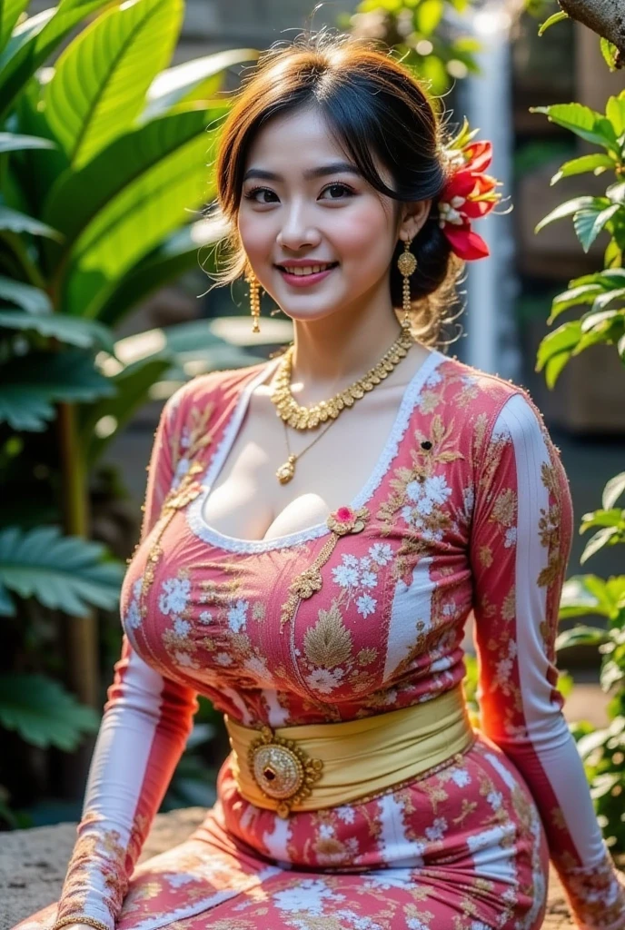 (thai woman),((highponytail)),(forehead),(Oriental Folk Costumes:1.5),(Empress's style:1.3),(enormous breasts:1.5),(Addressing an audience:1.6),(Historic Monuments of the Orient in the background:1.6),big smile, (cowboy shot:1.4),8k, UHD,