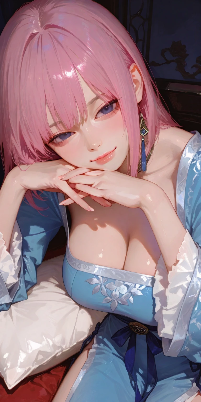 Image of a woman with pink hair and a blue dress, Attractive anime girl, OPPEIN, Real person style,Pink Eyes,Pink long hair,Hanfu,antiquity,Chinese style,,big ,huge ,sexy body,cute,Cute style,High-quality works