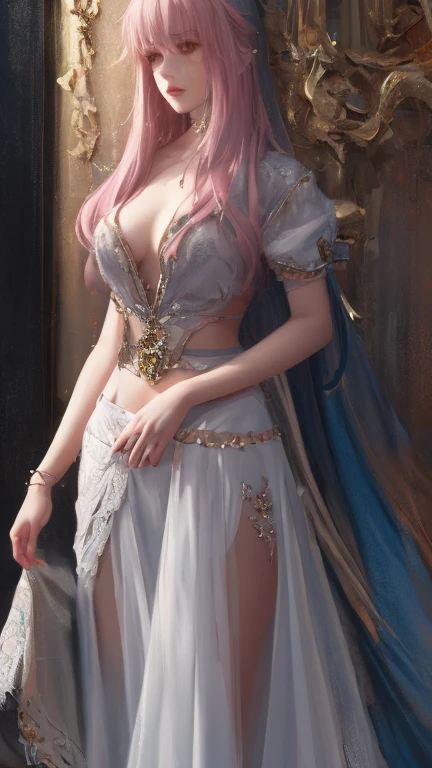 A mystical ethereal fairy with long, flowing silver hair and glowing, lavender-colored eyes, enveloped in a halo of soft pink and multicolored glitter. Her delicate skin shimmers with iridescent hues, transitioning from soft pink to pale blue. Floral patterns and tiny flowers adorn her neck, shoulders, and chest, blending seamlessly into her skin like natural tattoos. She has elongated, pointed ears and a perfect, otherworldly face with a serene expression. Her translucent wings are intricate, laced with soft pink and white gossamer strands, reflecting the ambient light. The background is a magical bokeh of multicolored orbs in soft focus, giving the scene a dreamy, enchanted forest ambiance. Soft, diffused light illuminates her, casting an almost divine glow that accentuates her ethereal beauty. The overall style is hyper-realistic with fantasy elements, using a pastel and jewel-toned color palette to enhance the mystical, fairy-tale atmosphere.