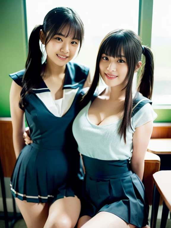 masterpiece, Highest quality, 8k, Two young and beautiful girls, Baby Face、着衣Big Breasts、((((Two Girls))))((((((10 years old)))))),((Large Breasts:1.3)), photo shoot, Cute Face, Thighs,、smile, 10 generations, Detailed face, Background Blur、Long Hair、Black Hair、Big Breasts、Cleavage、Tight waist,(((((Cleavage))))mini skirt((White collared shirt))mini skirt、Navy Pleated Skirt、high school girl、necklace((((2girls))))Embrace each other、hug((((Navy Pleated Skirt))))(((((Cleavage))))mini skirt