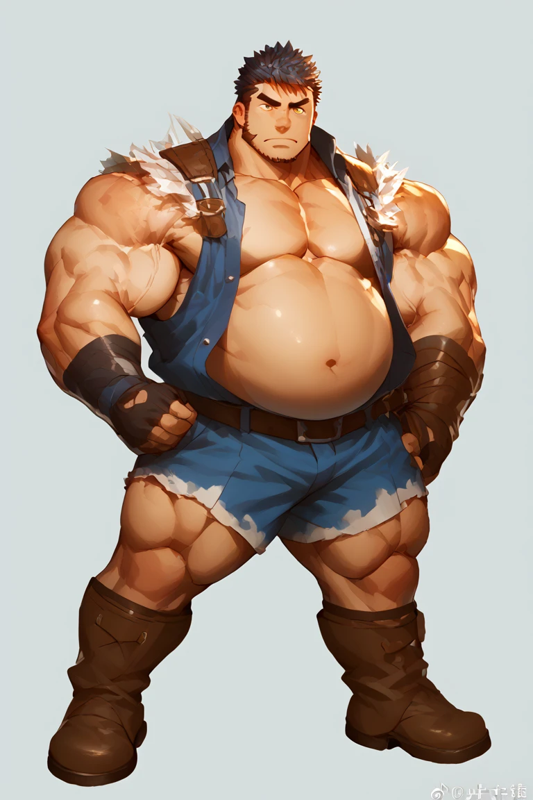 solo, 1boy, Huge Muscular Old man wearing chanpion belt , pectoral, thick arms, huge pectoral, wide pectoral, short white hair, short pants and shirtless, bearded, simple background, masterpiece, semirealistic:1.2, high detailed, 8k, high resolution