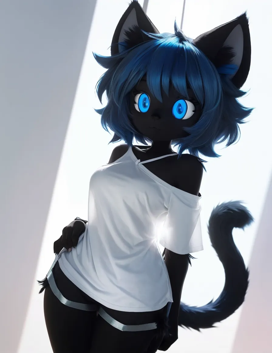 1boy, male focus, cowboy shot, simple background, minimalist background, fluffly hair, curly hair, blue hair, sweater, blue sweater, blue shirt, cat ears, neko boy, androgynous, feminine boy, effeminate boy, shorts, denim shorts, tight shorts, from behind, butt, wide hips, butt, large butt, huge ass, large behind, large rear, suggestive, tight shorts, white pantyhose