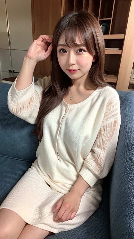 score_9_up, score_8_up, score_7_up, score_6_up,bell, Japanese cartoons, Brown hair, Medium breasts, Brown eyes, A faint smile, jeans, scarf, Grey sweatshirt, Blue pants, sit, Cross-legged, Inside the smart home, sit on the couch, Asada Shino's face, Japanese cartoons Sword Art Online, best quality