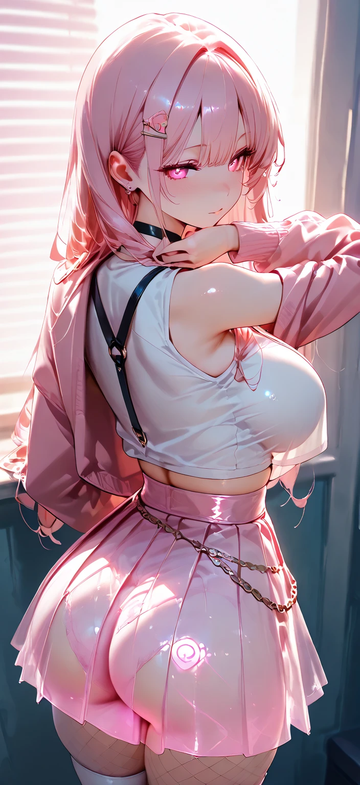 Sexy android girl in white and pink outfit with pink hair