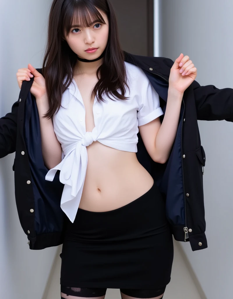 (photorealistic:1.6),(High resolution:1.6),(solo, one woman:1.5),(cool woman),(Japanese:1.3),(black hair:1.3),(Elegant hairstyle:1.1),chuuChloe,(Bangs Bangs:1.3),(Shy smile:1.5),(glimpse panties),(Lifted Skirt:1.5),(Girl showing panties:1.4),(wristwatch),(white panties:1.3),(formal style clothes),(concrete wall:1.5),(natural makeup:1.5),(navy skirt),(white blouse:1.3),