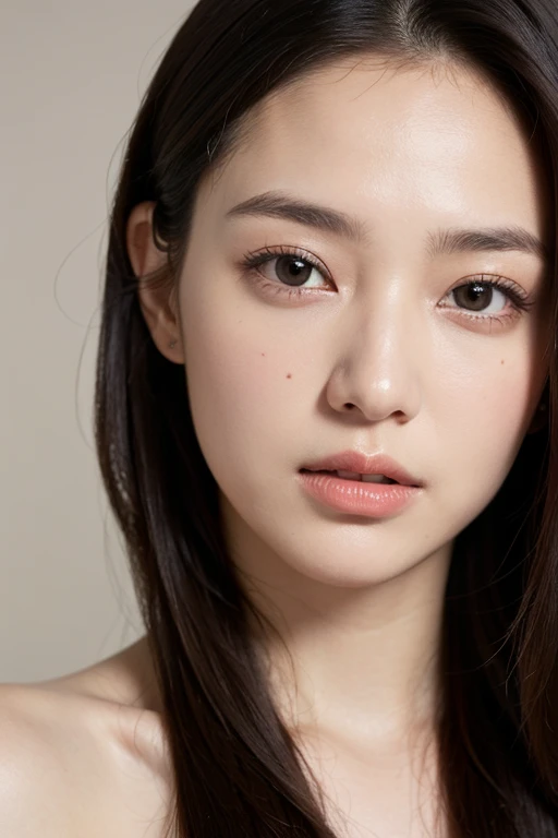 1girl,solo,smile,happy:1,long straight hair,straight bangs,look at viewers,brown eyes,looking at viewer,in studio,pure grey background,detailed skin,detailed face,studio light,parted lips,lips,bare shoulders,(black hair),(close up),messy hair,
