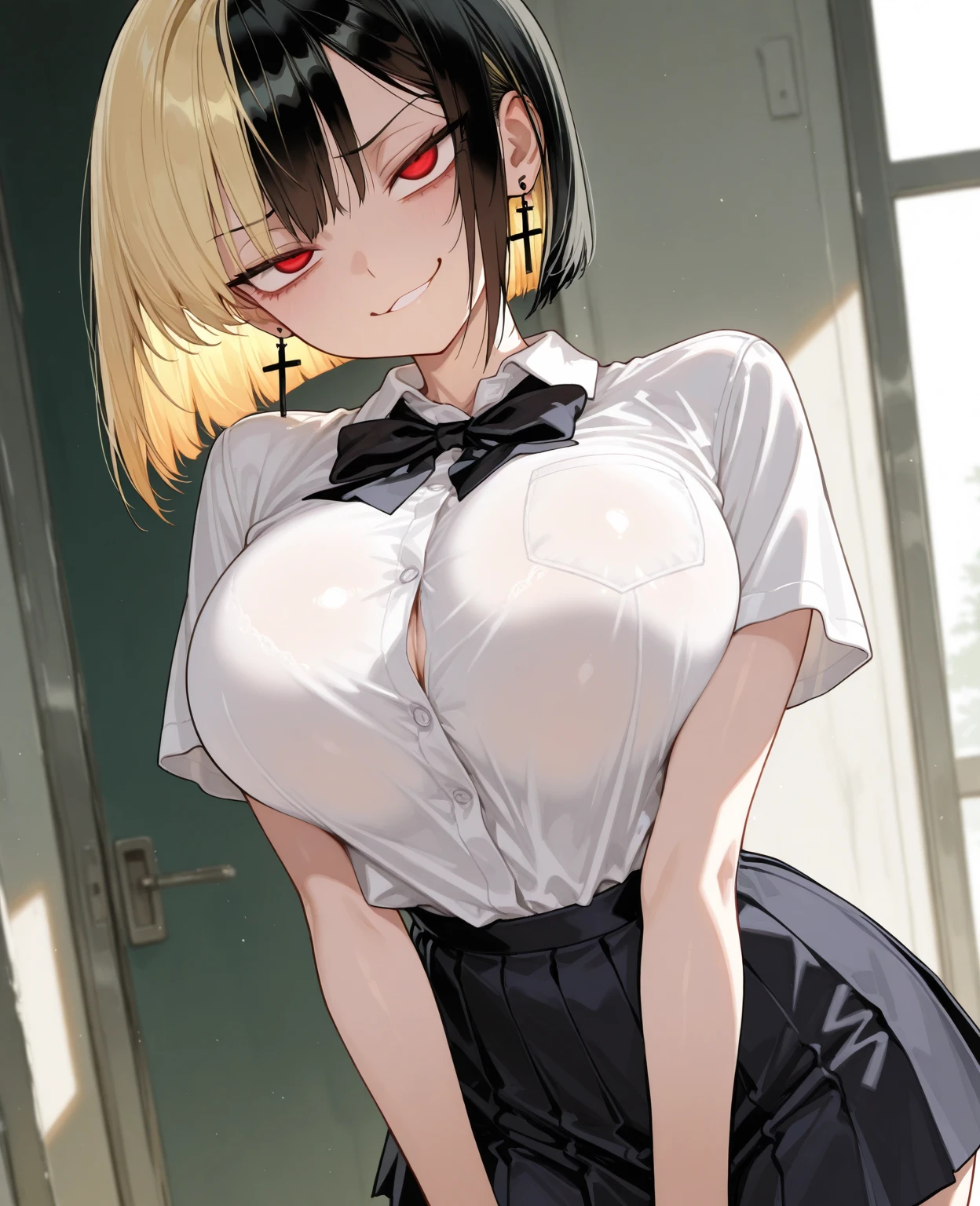 General Details: very detailed, very high resolution, exceptionally high resolution, exceptionally detailed, best quality, 3D artwork, perfect lighting and shading, perfect work, 1 girl, beautiful hands, perfect hands
Not NSFW (Not Safe for Work): (nsfw:-1.5)
Clothing: clothing, (simple dark grey pleated short skirt:1.4), (shiny gold-buckled black leather belt:1.3), (dark blue bow tie:1.2), short sleeves, white shirt, white buttoned shirt
Facial Expression: small smile at the corner of the mouth, very sly eyes
Pose: standing, modeling, looking at the viewer
Character Traits: slender, kawaii, perfectly symmetrical face, soft pinkish cheeks, super cute girl, super cute face, exceptionally detailed eyes, exceptionally detailed hair, extremely cute, extremely beautiful
Background: stargazing field, night, dark, deep depth of field, exceptionally detailed background
Additional Physical Traits: large B-cup breasts, wide hips, large thighs, beautiful long legs, , short
Hairstyle: (ahoge:1.2), (short bob with see-through bangs), one side ponytail on the left, hair between the eyes, pale yellow hair with white tips, bright purple eyes.