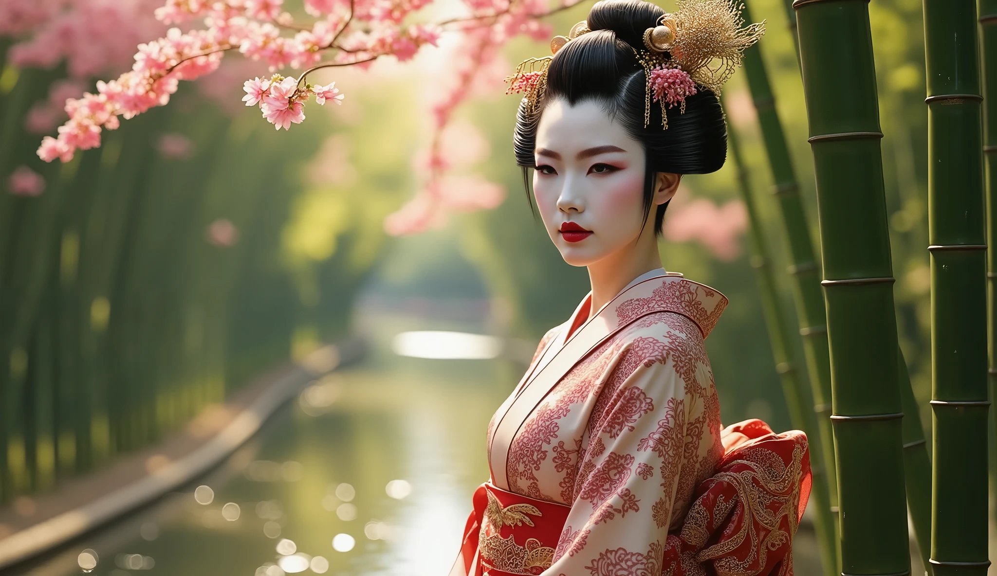 Asian Geisha, beautiful face, perfect body, river, Cherry blossoms, Japanese forest background, sexy, seductive, high detail, masterpiece.