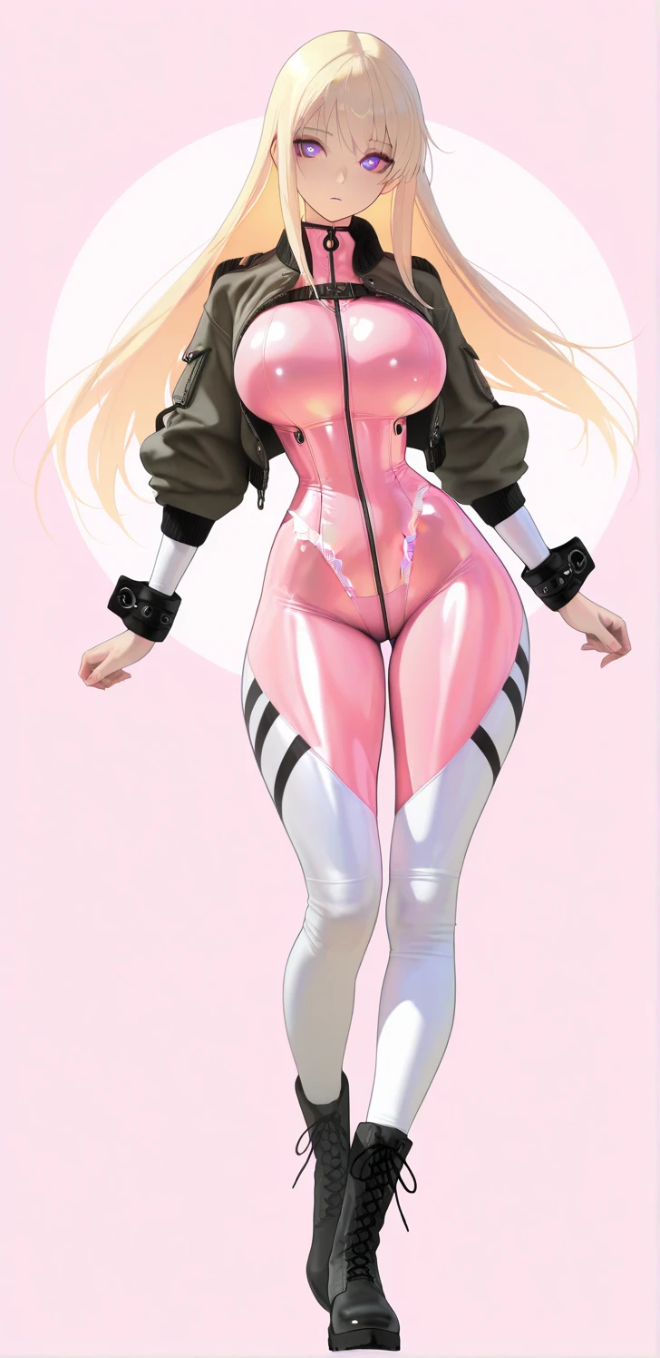 ((best quality)), ((4k)), ((highres)), ((masterpiece:1.2)). ((detailed)), ((ultra realistic)), ((intricate details)), ((full body picture)), ((character design sheet)), ((blank background)), ((standing in a blank background)), full body shot of a beautiful european female, blond beauty, about 21 years old, rosy white skin, red lips, smile on her face, happy expression on her face, about 5'6 ft. tall, perfect face, gorgeous face, blond hair, vivid green eyes, detailed lips, detailed eyes, long ponytail, athletic body, dressed in a skin-tight dark pink bodysuit ((emphasis on her skin-tight dark pink bodysuit)), black boots, ((black boots)), superhero character concept art, lean body frame.