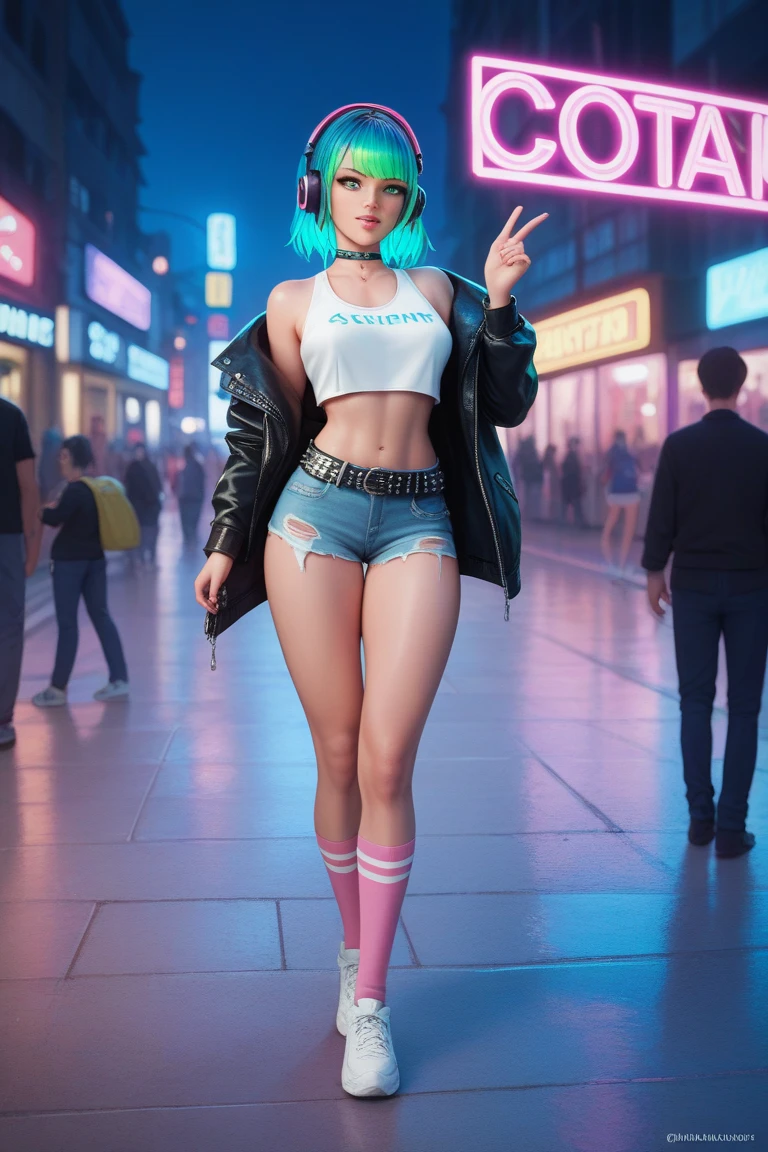 1girl , a 17 yo girl , 17 years old , super adorable , full head ,(Body : (small breasts) , Skinny ) , ((tmasterpiece)) , (Very detailed CG unity 8K wallpaper) , best qualtiy , cinematic lighting , (hi-top fade:1.3) , dark themed , Muted Tones , Subdued Color , highly contrast , (natural skin textures , Hyper-Realism , Soft light , sharp) , (Hair : (Light Cyan Hair:1.5) , (shoulder-length hair) , ponytail , (Cyan Blue eyes:1.5) , beautiful detailed eyes , (Bright eyes:1.5) , (Very fine and beautiful) , (Beautiful and detailed eye description) , ( Background : (Random Amusement park at night Background) ) , Blur Background , (Topless) , Periwinkle Big Shape Jeans , Light cyan Furry Strapped Combat Bootie Boots , Full body shot , random view ,(Joyful Emotion:1.5) , Happy expression , (Pose : random pose , smile shy ) , (hair covers one eye : 1.5), Navel, small breast, photographers on background, camera flash, photoshoot, photographers