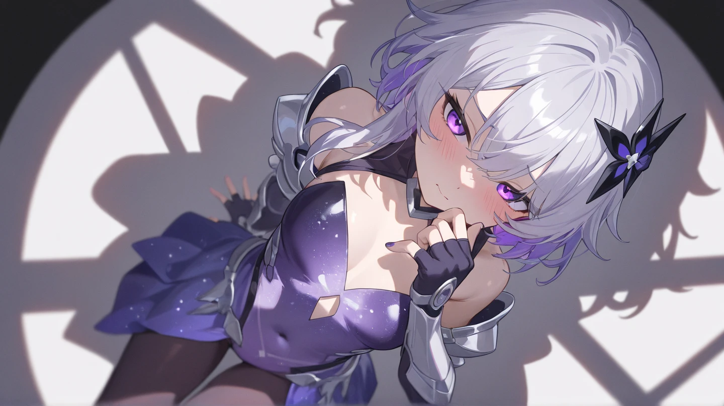 1girl, anime, cute girl, blank background, white background, fantasy, detailed fantasy dress with highlights, beautiful face, beautiful eyes, dark colors, black hair with multicolor streaks, red eye with different color pupil in eye, multicolor eye, medium breasts, slight cleavage, beautiful skin, cute, breast curtains, extremely delicate and beautiful, (beautiful detailed face:1.0), (detailed deep eyes), symmetrical breasts, deep eyes, shiny skin, portrait, slender waist, hips wider than shoulders, thighs, expressionless, young girl, luminous eyes, adorable，（Kpop idol）,（aegyo sal：1），（Platinum blonde hair：1），（（puffy eye）），Black panty，sexy posture，Superskirt, Ultra-high resolution，Black collar，slim figure, Abdominal y tattoo, womb tattoo，Tight-fitting leg ring，y tattoo on half-body，Bare skin, Armored hand，Hidden fingertips，Hand covered，Arm covered，Fist covered,{{beautiful detailed fingers}}, tufts of hair, moderate beautiful breast:1.0,(masterpiece:1.2), best quality, high-res, HDR, perfect face, intricate armor, delicate blue filigree, intricate filigree, red metalic parts, detailed part, dynamic pose, dynamic lights, cute face, neutral expression, shuimobysim, lotus, Hanfu, maxi skirt, dress conservatively 1girl, solo, long blue hair, standing, One lady,14years,((White hair) ,(Shiny purple bodysuit with microskirt),((Fantasy, Moon Night)), gradient_eyes,