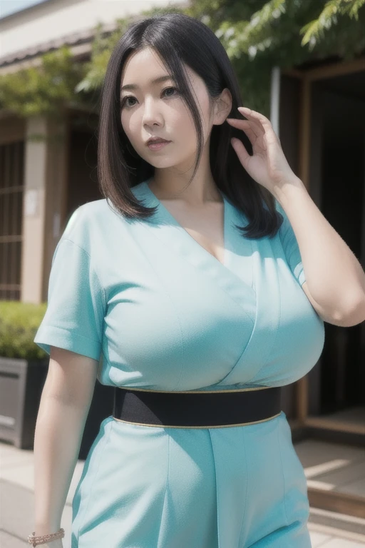 ((highest quality、8k、masterpiece:1.3))、High level image quality、perfectly proportioned woman、 30 years old, big breasts,、big ass、random hairstyles、clothes made of thin fabric、Clothes with a large open chest、super tockings、Neighborhood park in the background、random pose