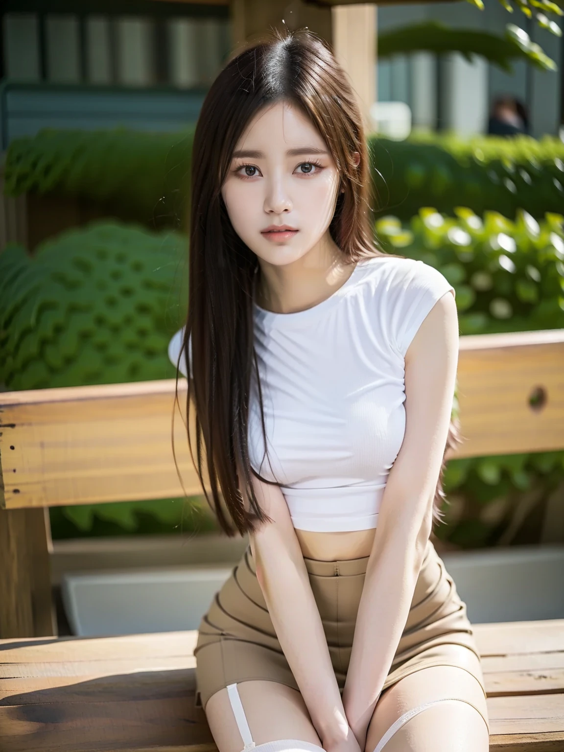 close-up of beautiful South Korean, An Yujin is a IVE South Korean pop girl group, age 17 years old girl, youthful face, perfect body, white body skin, very rapunzel long hair, standard black hair, straight hair, 32 inches breasts size, wearing a plain standard light white sleeved t-shirt, wearing a tight camouflage leggings, sexy looking pose, pose a naughty look, pose looks seductive, at the military training camp, military training camp background, UHD
