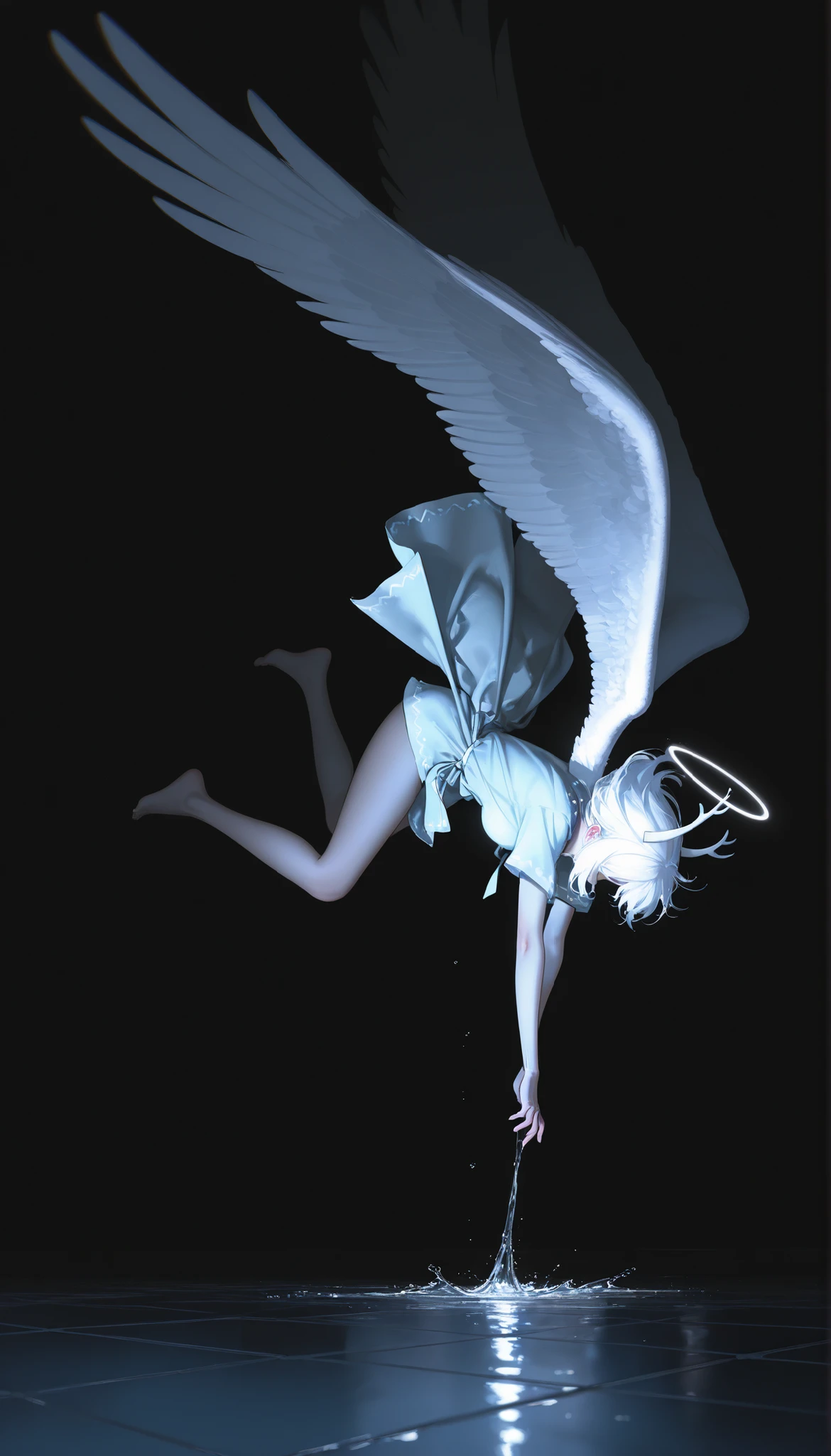 masterpiece,the best quality,NEW ,Absurds,high resolution,(in white on black),black background,white spots,Abstract,drawing with tempera, Artistic,watercolors,stained,shaded on the background,demon woman,Horns,angel wing tunic, ,summary drawing of smoke,imaginary rain,tiles with drops of water,dramatic lighting,cinematic lighting, atmospheric lights,  ultra detailed, bloom, dramatic atmosphere, centered, rule of thirds, f/1.4, 6 mm, high angle photo,angel,  legs hanging  ,Floating