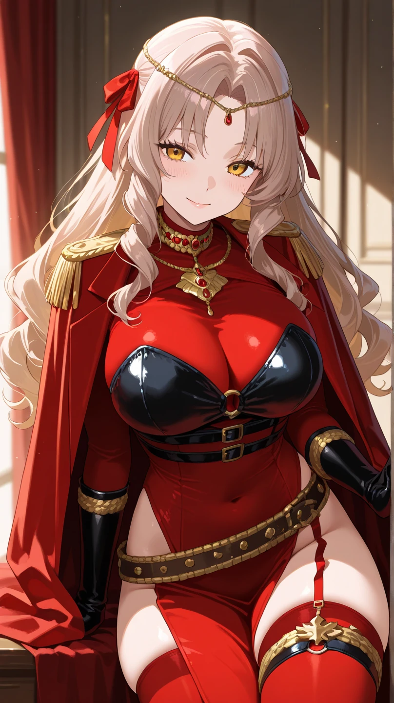 masterpiece, best quality, solo girl, light blonde hair, red eyes, short hair, medium breasts, sexy body and face, wavy hair, smile, parted lips, red lips, ribbon, crown of thorns, thorns, (red cape, dress flower), detached sleeves, hair flower, hair ornament, long sleeves, black corset, long skirt, red dress, rose, strapless dress, long skirt, thighhighs, thighlet, red nails, dress flower, black thighhighs, mksks style, beautiful background, orchestra, indoors, sexy pose, cowboy shots, sharp focus, ultra-detailed body, face, and eyes, vibrant, creative, dynamic, high definition, high resolution, 8k, (Upscale: R-ESRGAN 4x+ Anime6mage enchance:4x), voluptuous body, cinema lightning, looking at the viewer, (realistic:1.4), (beautiful detailed face, beautiful detailed eyes, volumetric lighting),