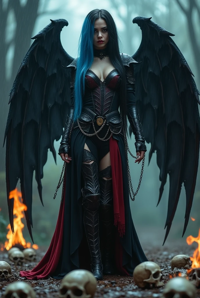 Ultra-detailed Lisa Ann stands atop a pile of burning ruins, Her diabolical and insidious presence radiating from her dark crown and black and red evil queen dress..... Her demon wings on her back and demon horn give her an invincible aura as she unleashes a powerful wave of destruction with a single gesture........