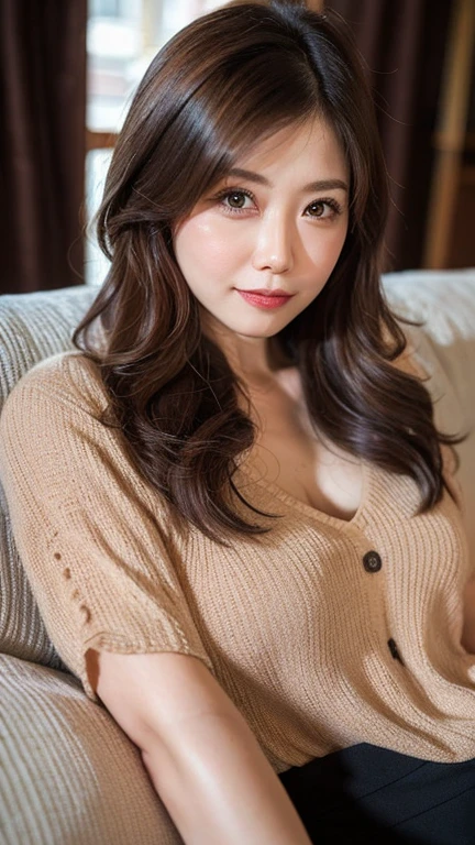  (8K, RAW Photos, Highest quality, masterpiece:1.3), (Realistic, photo-Realistic:1.4), (Highly detailed 8K wallpaper), Sharp focus, Written boundary depth,
 Japanese Idols,very cute,(Baby Face),Knit dress, Look at us and laugh, Highly detailed face and eyes,((Shiny skin:1.2)), Cinema Lighting, Soft Light, Blur the background, Bokeh,Cafe , Clean design, Beige shades