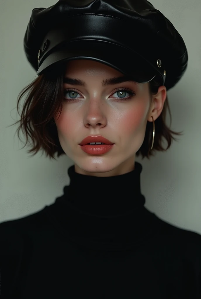 Realistic image of a sexy brown haired girl, white teas, with a black sweatshirt and his cap covering half his face, showing off his lips, with a red lipstick on, posing cool and almond French style nails with a wooden background
