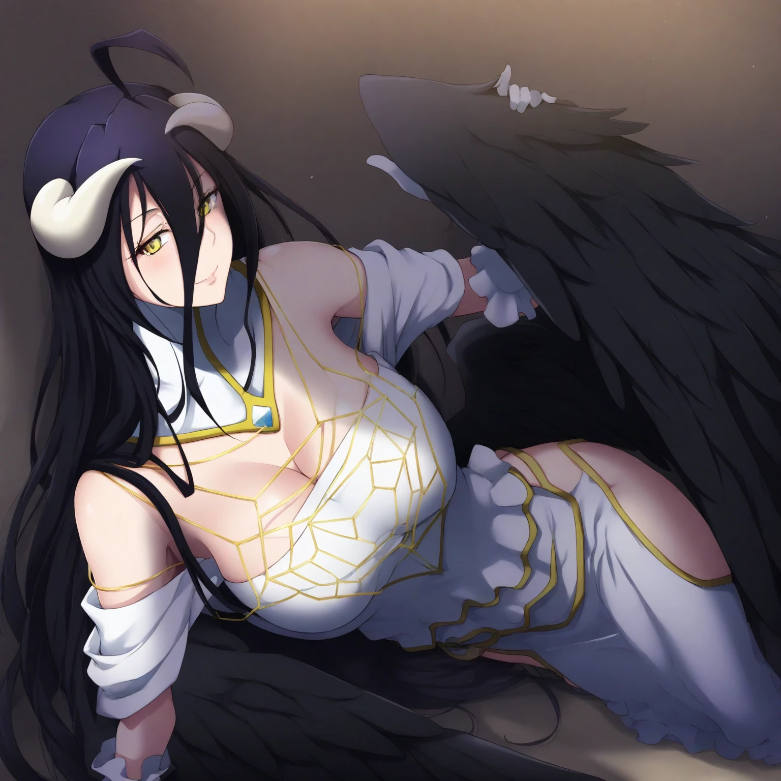 albedo_overlord,black hair,curvy body,fully naked,big breast,big thighs, blushing, laying on bed,empty background (black).