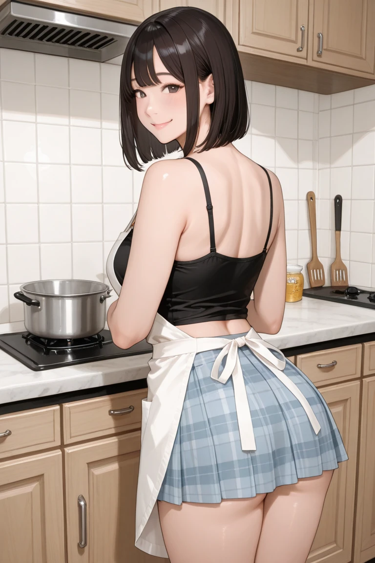 (dynamic angle:1.3, front view:1.1, breast focus:1.3, from above:1.1), (dynamic posing:1.2, sexy posing:1.2), (seductive smiling:1.3), ((holding Pasta on a plate,Taking the pasta out of the pan, worried about the outcome:1.2)),highest quality、(real、photorealistic:1.4),(ultra high resolution, 8K RAW photo, clear focus), best qualtiy, natural lighting, field depth, (Bright pupils, detailed beautiful eyes, high detailed face), Red lip, (tight focus:1.2), a girl 22yo old, Wearing a pastry chef uniform:1.3 , Thicc, thin breast, long hair, blue eyes,garter stocking, cleavage:1.2, midriff, black shorts, black thighhighs, thigh strap, pretty girl, (highly detailed beautiful face and eyes,firm breasts),real skin,((black,hair,long pony tail hair)),thin pubic hair,cute,lovely, detailed eyes,(double breasted:1.0,under bust:1.0),(with sparkling eyes and a contagious smile),open mouth, Looking at Viewer,A scene of make cooking Carbonara Pasta in the kitchen