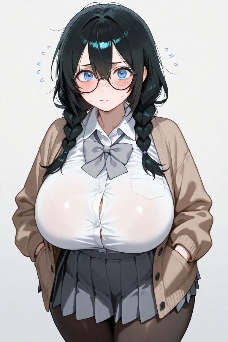 a woman, tanned skin, black fur, a hairstyle with two long braids that fall over her shoulders, hair between eyes, with straight bangs that cover his forehead. He wears black glasses with rectangular frames and has a calm expression on his face......., black hair, big and somewhat open eyes, small nose, huge breasts, Skinny body, small waist, whole body, fitted white dress shirt, microfalda , Long black stockings, women shoes, a nerd, alone, Transparent clothing, school passport