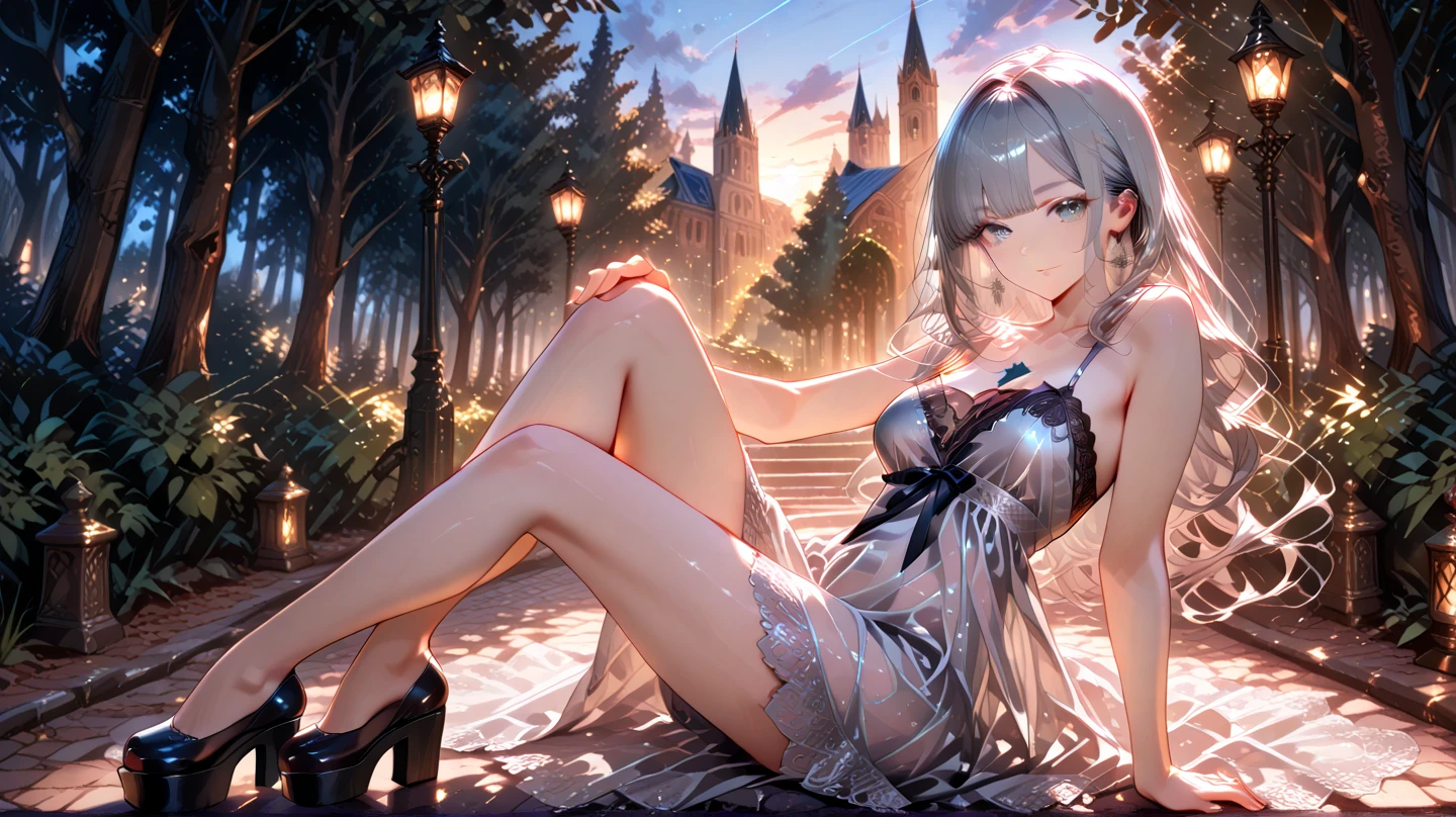 A detailed portrait of a girl sitting outdoors at night, looking at the starry sky with the milky way, surrounded by a night cityscape with buildings silhouetted against the night sky, long white hair. wearing a slightly revealing dress, sexy legs, precise cleavage, beautiful detailed lips, sky, stars, starry night, night, 1 girl.