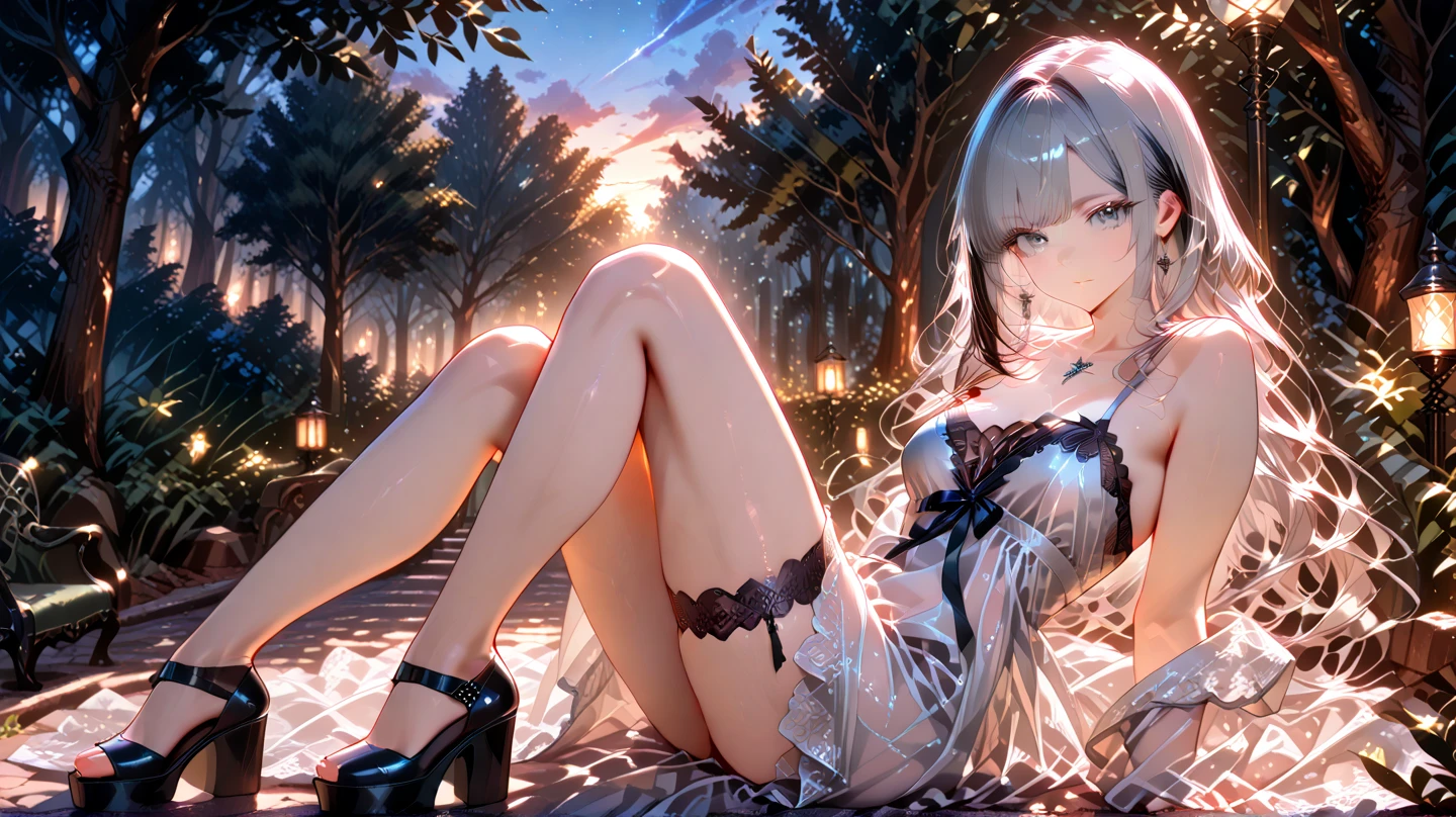 an angel with dark skin, white wings, black dress with a small neckline, red eyes, black cape,voluminous and sensual body, long straight white hair, baby bangs. Sexy pose , moody color palette, volumetric light effects. sitting in a flower garden next to a lake.
