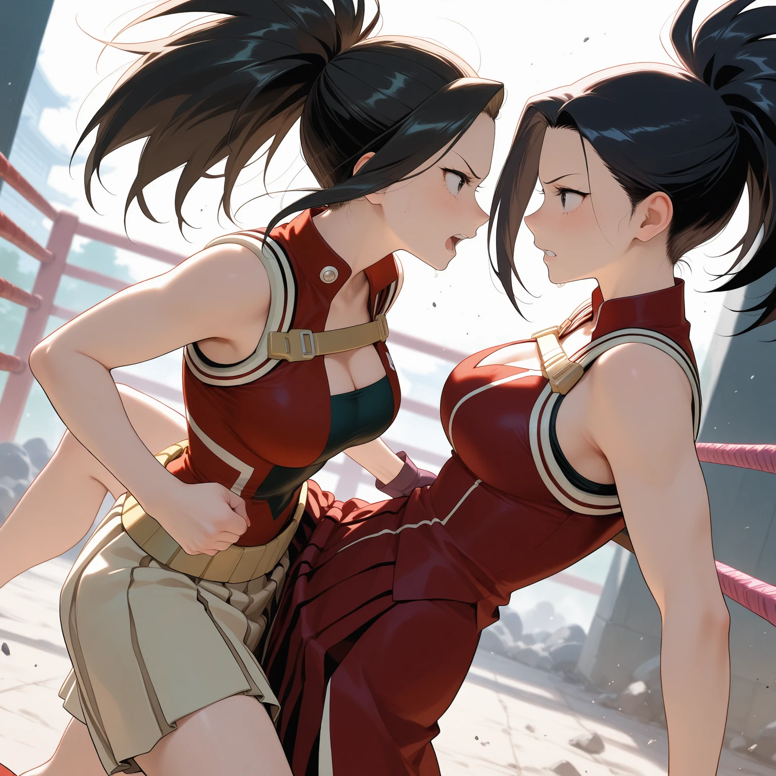 A deadly battle between two beautiful high school girls mixed martial artists。Throwing a powerful punch at the opponent。They're trading punches inside the Octagon.。exchange of punches。Rivals。black hair。desperate look。sweaty。Full of scars。Shortness of breath with open mouth。Outstanding proportions。trained abdominal muscles。open finger gloves。
