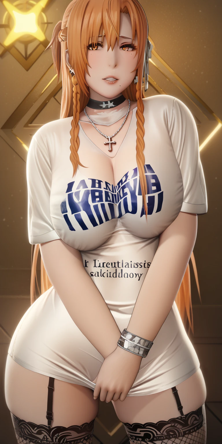 3d, bouqutm, (siu_(siu0207)-style:1.2), ((Cinematic, unreal engine, eye-catching, ambient occlusion, UHD, masterpiece)), ((soft shadow)), comic, score_9, score_8_up, score_7_up, score_6_up, score_5_up, score_4_up, uncensored, detailed background, vignetting, high quality, absurdres, best quality, very aesthetic, newest, digital art, trending on ArtStation, ((anatomical correct)), perfect body, perfect eyes, perfect fingers, gasping, heavy breathing, gasping profusely, ((skindentation)), ((curvy)), asuna yuuki from sword art online, orange hair, fold, braid, long hair, orange eyes, plump, lower_teeth_only, 1girl, solo, jewelry, thighhighs, shirt, yellow_background, piercing, cross, earrings, ear_piercing, t-shirt, necklace, fishnets, collar, bracelet, garter_straps, parted_lips, looking_at_viewer, lip_piercing, clothes_writing, cross_earrings, fishnet_thighhighs, short_sleeves, english_text, cowboy_shot, cross_necklace, tattoo, covering_crotch, lips, covering, chain, makeup