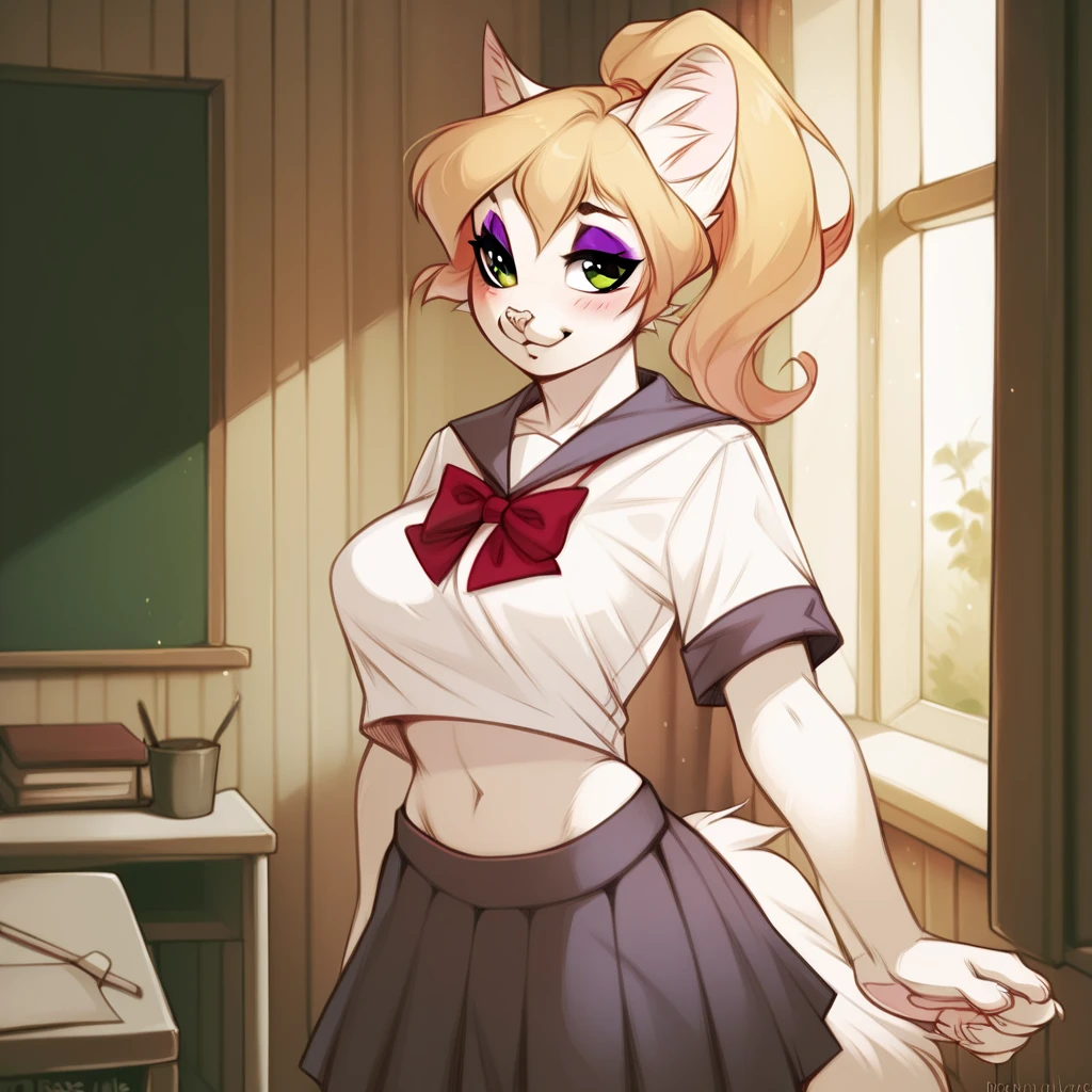 beautiful female cat, big green eyes, yellow hair with a ponytail, ((white fur)), pink cat nose, big breasts, medium hips, purple makeup on her eyes, in the school, (((school uniform)))