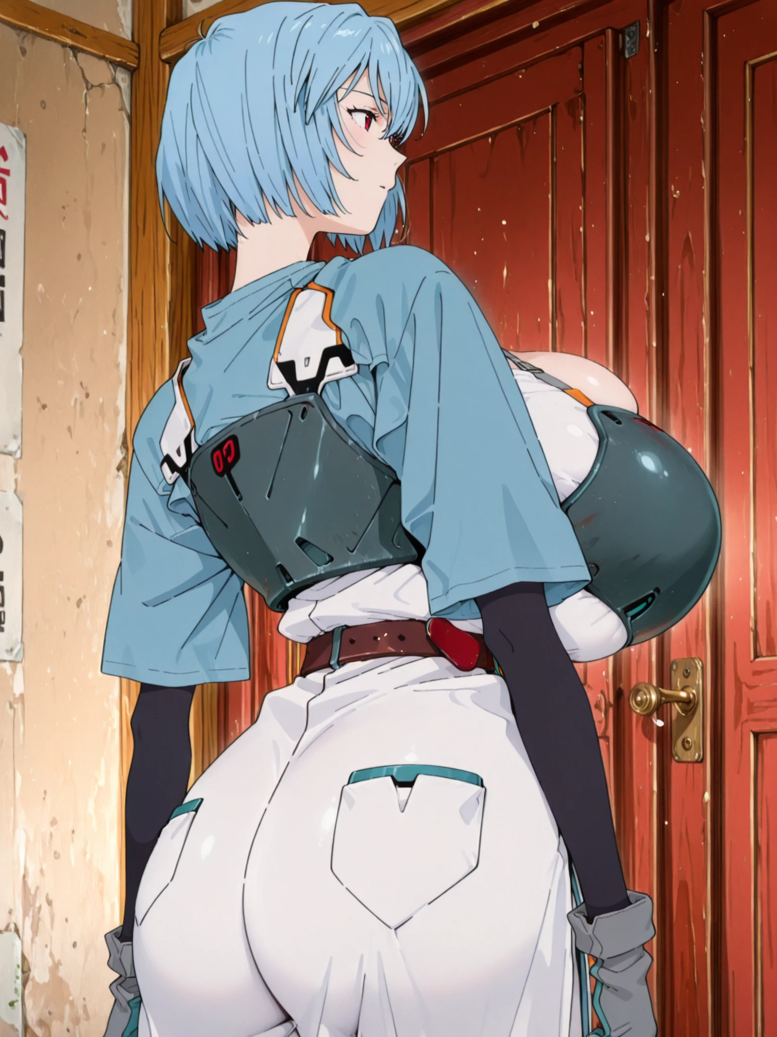 (Masterpiece/Top quality), 1 girl, facing up, (from front: 1.2), (on all fours: 1.2), (from top: 1.2), break girl, casual, gym clothes, jersey worn, school gymnasium, (bra :1.2), chest gap, medium breasts, down blouse, slouching, blue hair, medium breasts (C cup) - light blue eyes, 8K, top quality, masterpiece, super-defined, plump lips.