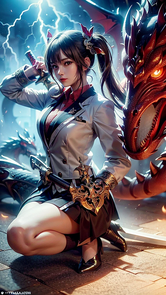 there is a woman in a red dress holding a red and yellow weapon, inspired by Wuzhun Shifan, inspired by Sim Sa-jeong, crimson attire, katana zero video game character, succubus in tight short dress, inspired by Li Mei-shu, full body xianxia, succubus in sundress portrait, giesha demon, goddess of anger