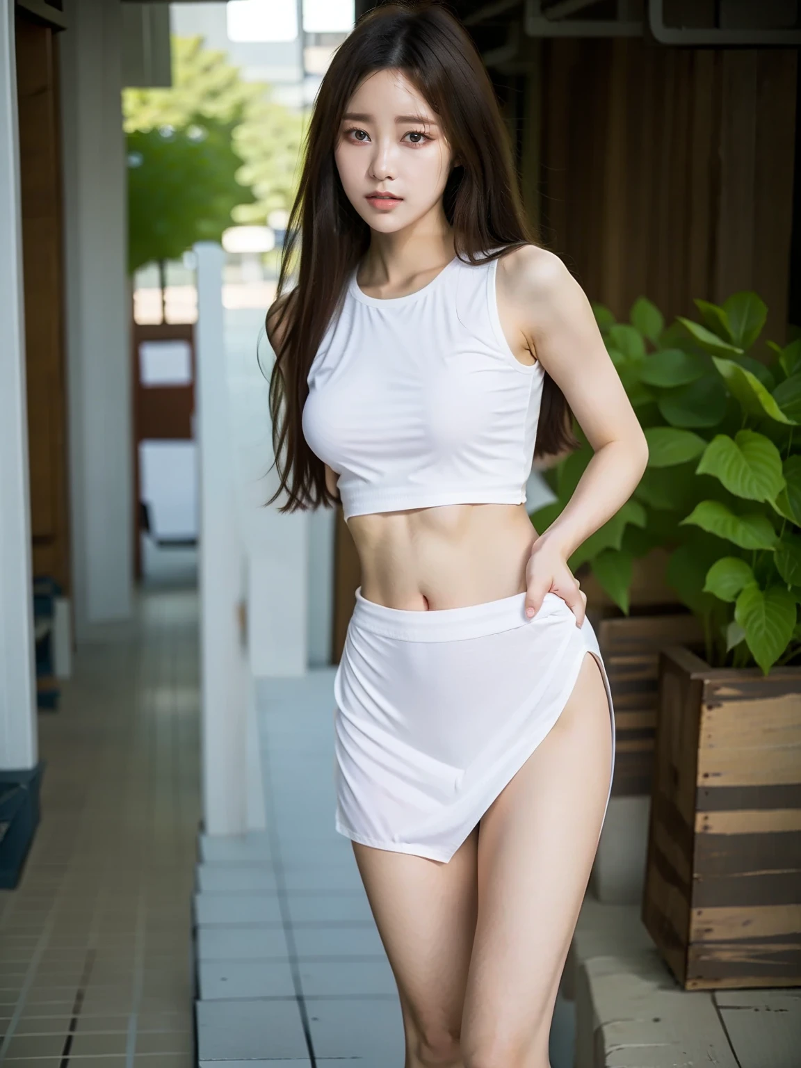 (Finest quality)),(A high resolution),(ultra-detailed art),(Meticulous portrayal),((Best Anime)),(Finest works of art),sharpness,Clear,Ultra-Precision Art,The art of astounding depiction,(masterpiece), high quality, stable diffusion, 

short Hair, short ponytail, purple hair, vibrant purple hair, extremely detailed hair, detailed bangs, violet hair,

beautiful lips, soft lips,detailed lips,
pretty face, close up face, gorgeous beauty, 

green eyes,pretty eyes, beautiful eyes, sparkling eyes, detailed eyes, sharp eyes, perfect eyes,
 pretty nose, beautiful nose, perfect nose,detailed nose,

serious face,  looking at the camera,

happy, jolly, smiling, seductive, blushing, bukake, happy face, jolly face, excited face, flawless white skin,

wearing silver rings, wearing a silver necklace, wearing silver earings, belly button piercing,

clear skin,white skin, soft skin, 
small bust, small breasts, smooth skin,
beautiful girl irene, red velvet irene,

expose shoulders,

wearing black sports bra, black sports sando, wearing black horts, black sports shorts, wearing long shorts,

perfect body, 

detailed legs, 
perfect hands, perfect arms, detailed hands, detailed arms, one hand holding a kunai, show butt, show behind, show sexy back,
sexy body, thicc thighs, 		

wearing white cotton turtle neck shirt, sleeveless, expose shoulder, expose navel, tank top, white short mini skirt, white gloves,

focus on thighs, hands on hips pose,

show tongue, sexy tongue, drooling,
show whole body, fully body woman, 
pretty woman,sweaty face, sexy, seductive, horny,
sweaty body, sweaty clothes, wet clothes,
slimy hair, slimy wet body, slimy body,
body details,
standing full body, full body image from head to toe, raised arms, hands up,
show legs, show thighs, cute standing female, horny female, 
wet body, show feet, cute standing pose,
show full body from head to toe, 

many females, group of females, four sexy females, four female friends,
expensive hotel room background,