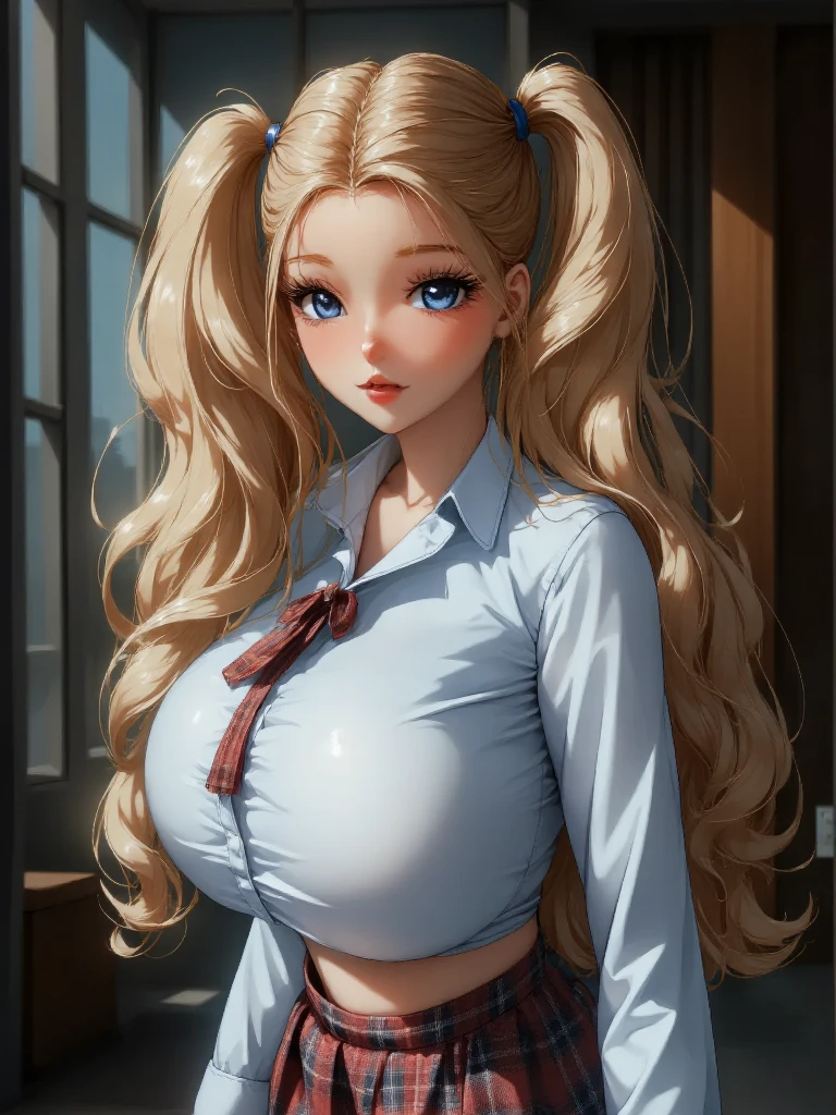 One Woman, Highest quality, masterpiece, Ultra HD, Highly detailed contours, Highly detailed face, Large Breasts, Beautiful breasts, young woman, cool, Cleavage, Highly detailed eyes, anime, Blonde, blush, Open shirt, 前がFully Openのシャツ, Twin tails, Forehead visible, Tough character, Underboob, Open front shirt, Fully Open,