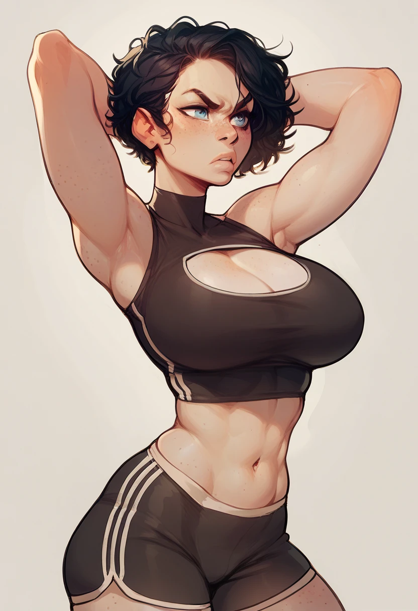 (highest quality:1.2),(perfect beautiful face:1.2),(Perfect and beautiful posture:1.2),(japanese woman,((short cut hair:1.2), (thick eyebrows:1.0), Sweaty female bodybuilder:1.0),(Chubby:0.8), (Underarm odor:1.3), (sweaty, tanned skin:1.0), Thick muscles), ((A black sports bra that accentuates cleavage),Darkened armpits, (sweat stains:1.2),shorts), squat posture, The smell of stinky armpits, 